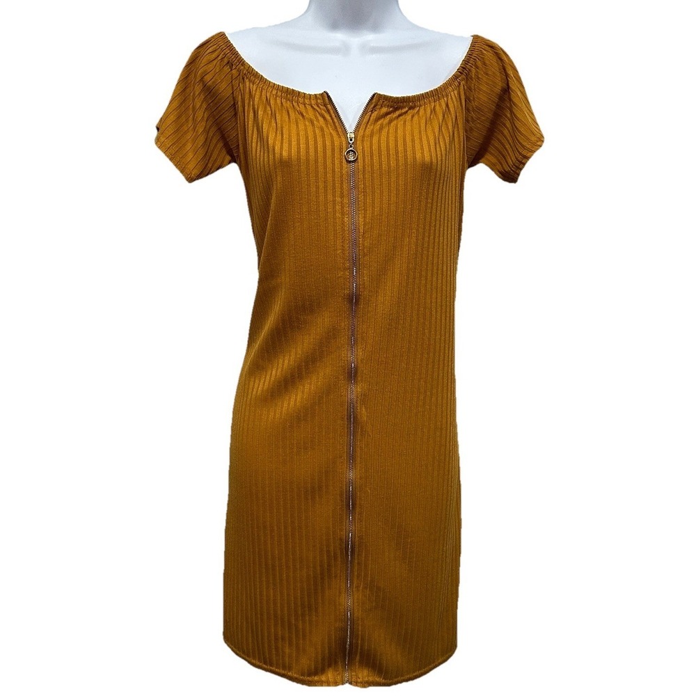 Say What? Mini Ribbed Dress Juniors XL Mustard Off Shoulders Bodycon Zip Stretch